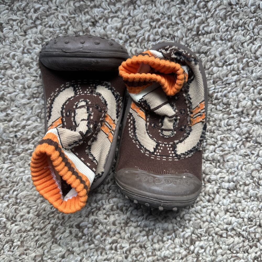 Skidders Baby Boy Sz L (24 Months) Brown Orange Shoes Sneaker Laces Skid Proof